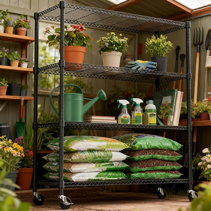 M MZG 1400LBS 47.2" W 4 Tiers Storage Shelves Metal Shelving Unit with Wheels Heavy Duty Garage Shelving Adjustable Wire Shelves for Pantry,Kitchen,Garage,Basement,Black 17.7" D x 47.2" W x 62.7" H - Image 7