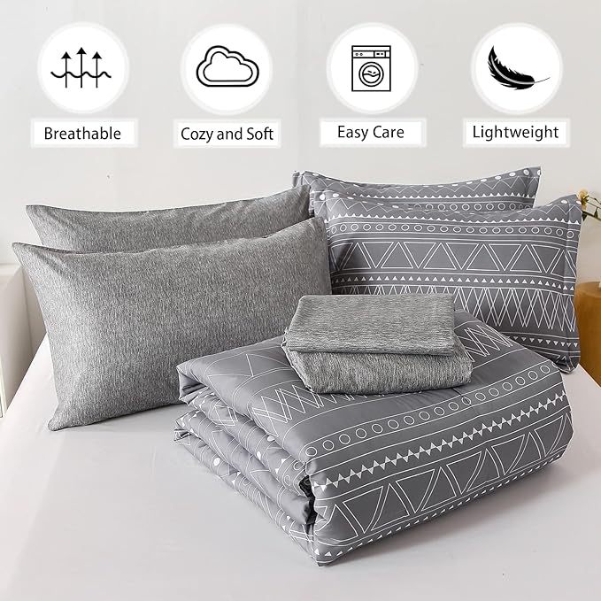 WONGS BEDDING Grey Boho Comforter Set Queen Size,Dark Grey Bed in a Bag 7 Pieces Texture Stripe Comforter Reversible Soft Microfiber Bedding Set for All Season with Sheets, Pillowcases & Shams