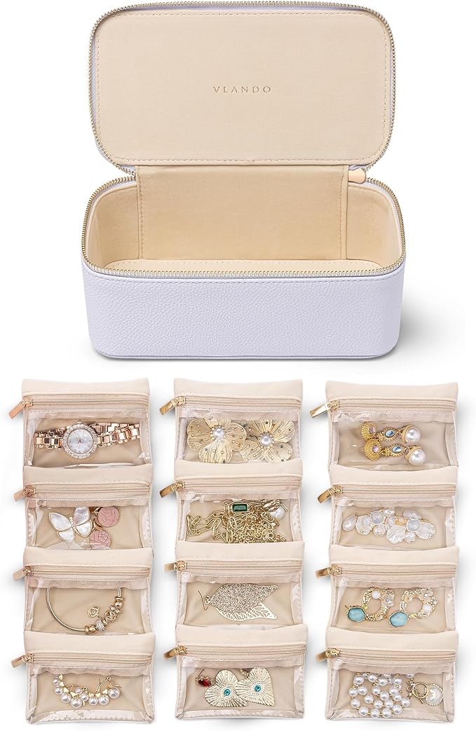Vlando Jewelry Travel Case,Travel Jewelry Organizer with Clear Velvet Jewelry Bags 12Pcs Zipper Pouch for Women Earrings Organizers-Purple by VLANDO