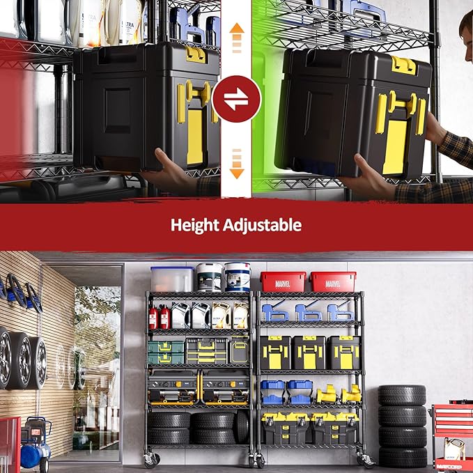 IZEUK 5-Tier Adjustable Heavy Duty Steel Wire Shelving Unit with Wheels, Storage Rack Organizer for Garage, Kitchen, Office, Laundry, Basement (Black, 17.7" D x 47.2" W x 76.7" H, 1750 lbs Capacity) - Image 6