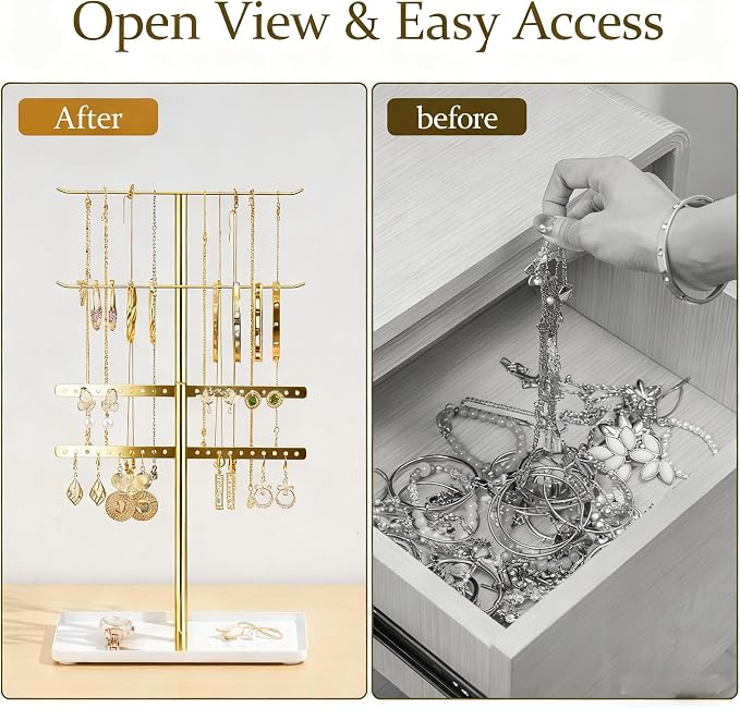 pickpiff Jewelry Stand Holder Organizer: 14.5" Sturdy Hanger for 80 Pcs Jewelry, Jewlery Tower for Display Necklace, Earring, Bracelet, Watch, Mirrored Gold - Image 5