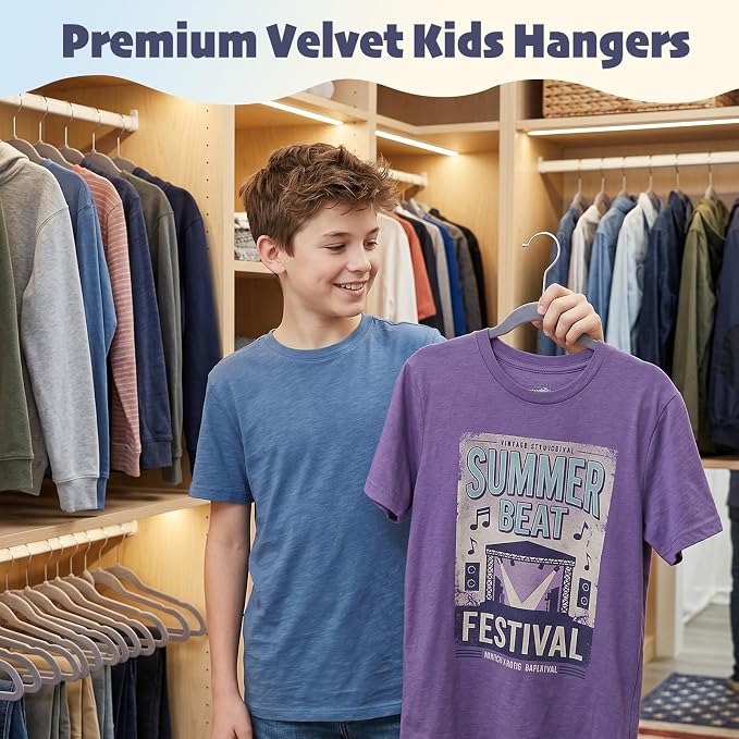 HOUSE DAY 14 Inch Kids Velvet Hangers 50 Pack, Durable Big Kid Hangers for Youth, Teen, Non Slip Kids Felt Hanger, Cute Childrens Hanger for Closet, Grey - Image 2