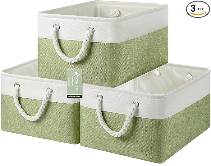 Large Storage Baskets- 15.7x11.8x8.26 inch Storage Bins for Shelves and Closet Organizing, Foldable Fabric Bin for Home Organization Clothes and Laundry (3-Pack, White&Green) by VQRTEXAStorageBasket