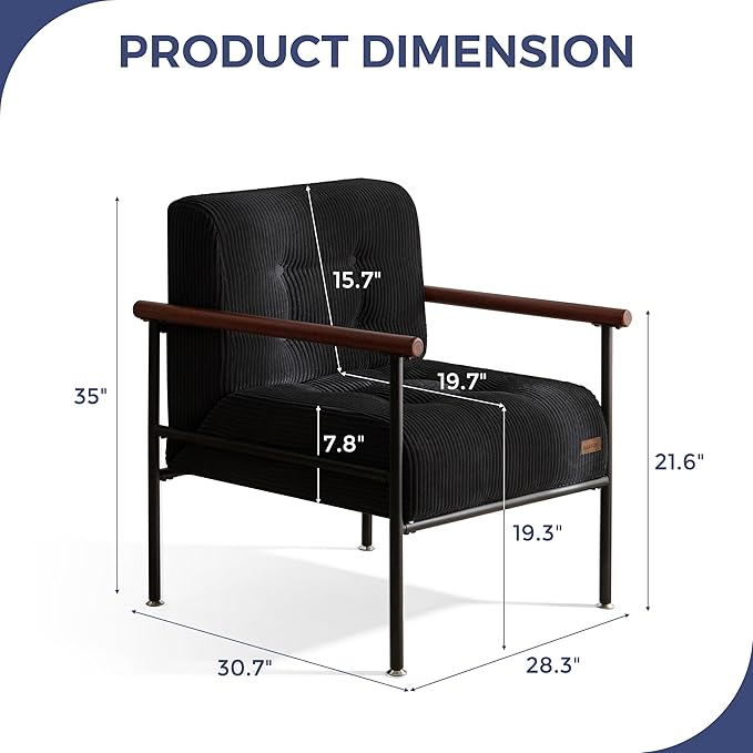 MAXYOYO Living Room Accent Chair, Modern Chair with Sturdy Metal Frame & Wood Armrests, Upholstered Reading Chair with Upholstered Cushion for Bedroom Balcony Porch, Black
