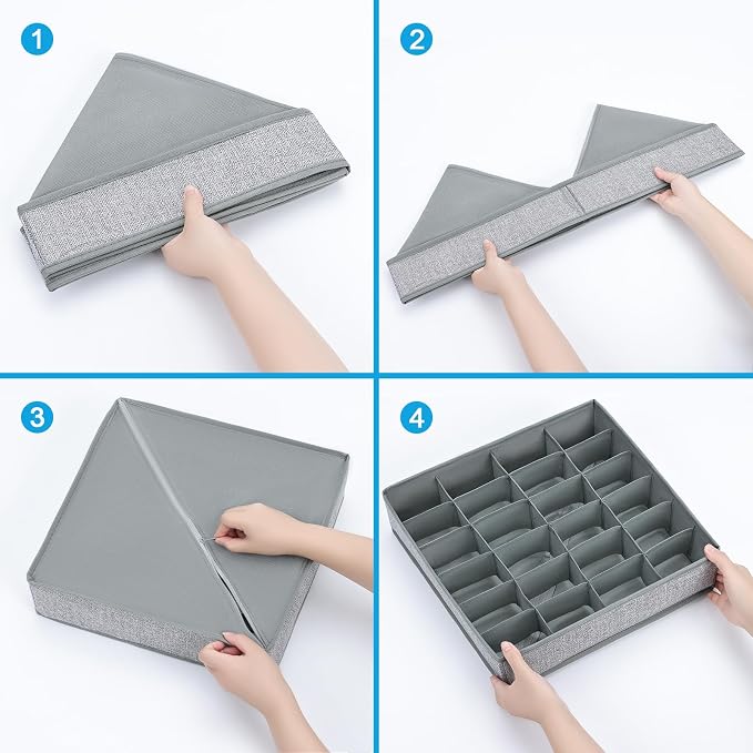 Sock Organizer 4 Pack, Foldable Underwear Drawer Organizer - 24 Cell for Socks, Handkerchiefs, Ties, Belts (Gray) - Image 6