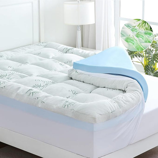 DOWNCOOL Dual Layer 4 Inch Memory Foam Mattress Topper Full – 2 Inch Gel Memory Foam & 2 Inch Pillow Top Mattress Pad, Soft & Breathable Viscose Made from Bamboo, for Back Pain Relief