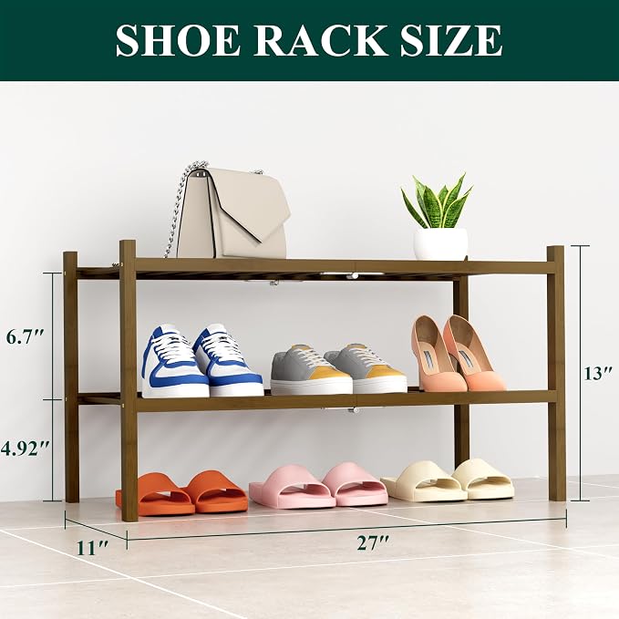 Smiry Shoe Rack, 2 Tier Thick Bamboo Shoe Organizer, Stackable Free Standing Wooden Shoe Storage Shelf for Closet, Entryway, Front Door Entrance, Walnut - Image 2