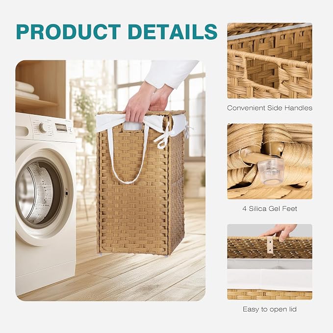 DUMOS Wicker Laundry Basket with Lid, 110L Woven Laundry Hamper with Handles, Foldable Rattan Clothes Hamper with Removable Liner & Sturdy Steel Frame, Goose Yellow - Image 4