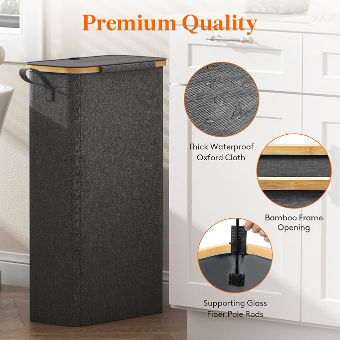 Lifewit 65L Slim Laundry Hamper with Lid, Narrow Laundry Basket with Removable Bag & Bamboo Handles, Fodable Thin Dirty Clothes Hamper for Laundry Collapsible Bin for Bathroom Bedroom Dorm, Dark Gray - Image 7