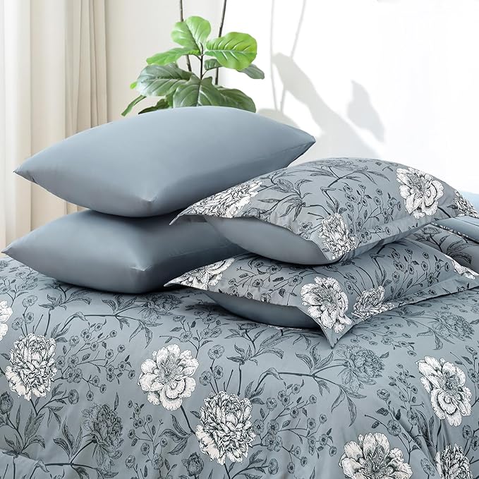 Yiran King Size Comforter Set 7 Piece Bed in a Bag Blue Floral Botanical Soft Microfiber Bedding Set Comforter for All Season Bed Set 104"×90"