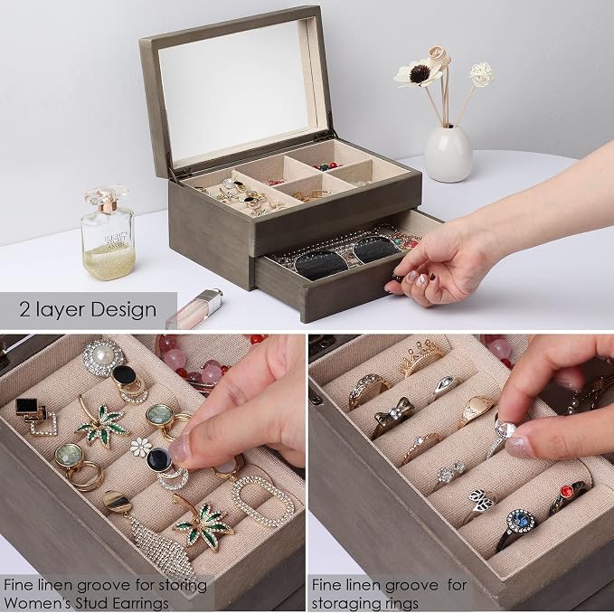 Meangood Jewelry Box Organizer for Women, 2 Layer Large Jewelry Storage Case, Rustic Wooden Jewelry Box with Mirror & Ring Tray for Necklace Earring Bracelets Rings, Vintage Style (Weathered Grey) - Image 4