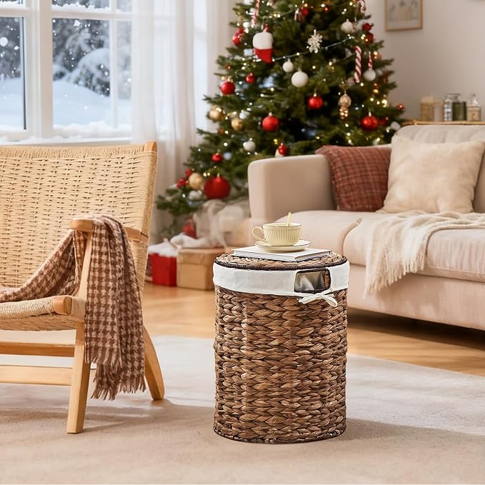 Round Water Hyacinth Laundry Hamper with Lid Handwoven Wicker Basket with Handles for Dirty Clothes, Storage, and Organization, No Assembly Required, 40L - Image 2