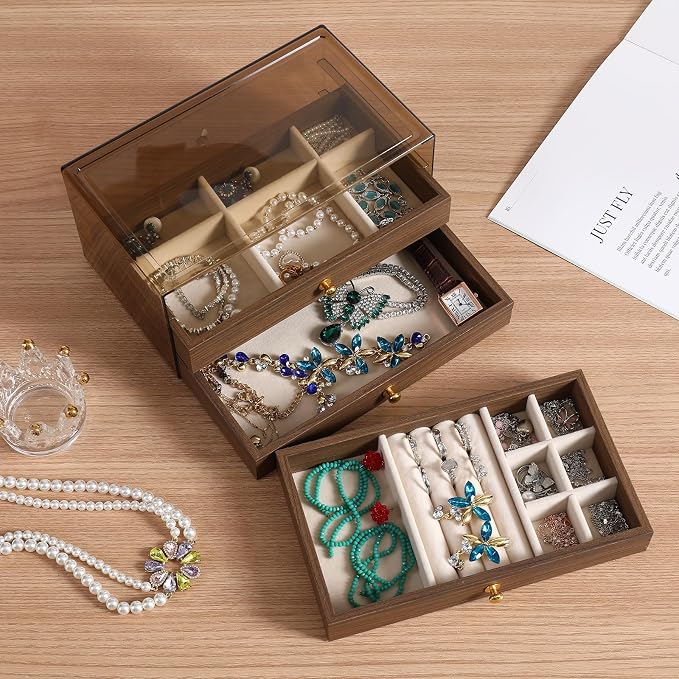 CLUQMEIK 3 Layer Acrylic Case Wooden Drawer Jewelry Organizer with Velvet Lining, Jewelry Box for Women and Girls to Store Rings Earrings Bracelets Necklaces（B） - Image 6