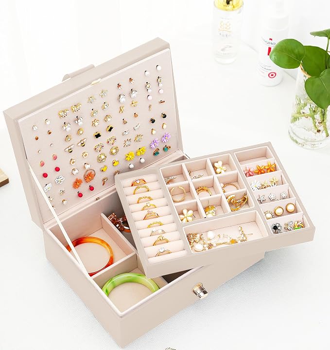 QBestry Girls Jewelry Box Earring Holder Organizer for Girls Jewelry Organizer Box Stud Earrings Organizer for Girl Womens Beige Jewelry Box for Earrings and Necklaces Rings Stud Earring Box for Teen - Image 9