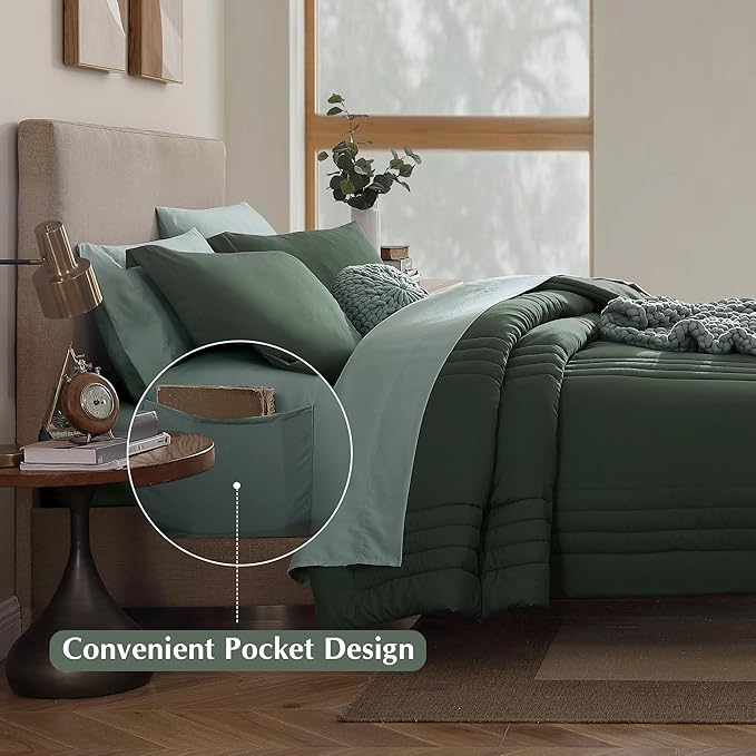 Monbix Queen Comforter Set - 7 Pieces Deep Forest Bed in a Bag Queen Bedding Sets with Comforters, All Seasons Comforter Bed Set with Sheets, Pillowcases & Shams