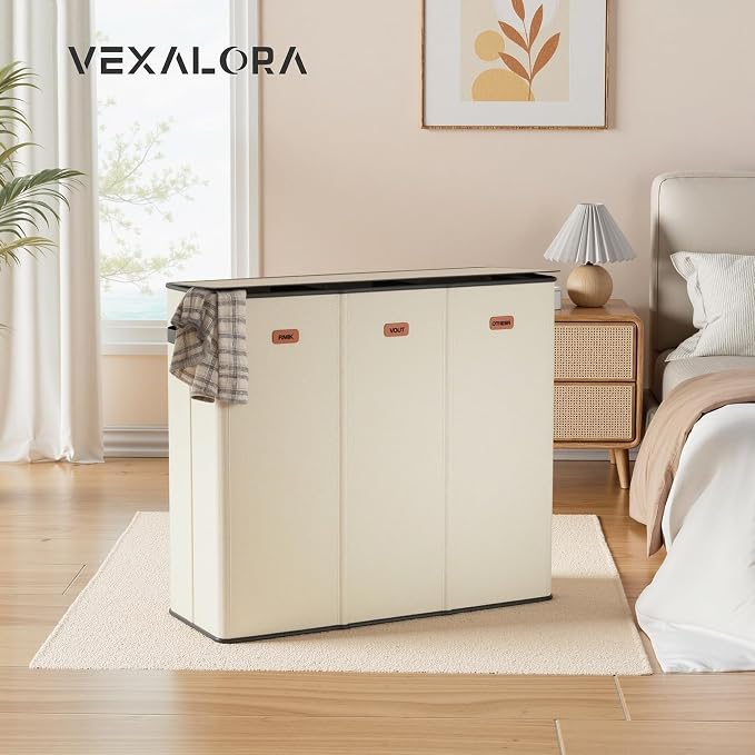 185L Laundry Hamper 3 Section, Laundry Hamper with Lid, Dirty Clothes Hamper with 3 Removable Washing Bags, Extra Large Laundry Basket Organizer for Bedroom, Laundry Room, Dorm - Beige - Image 7