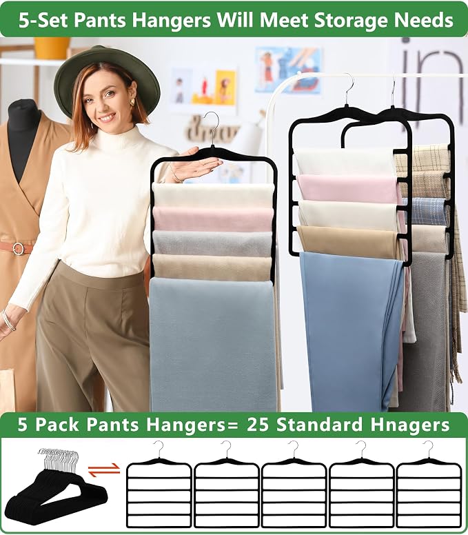 Pants Hangers Space Saving,5P Scarf Hangers for Closet Organizers and Storage,Non Slip Velvet Hanger for Closet Organizer,College Dorm Room Essentials,Heavy Duty Organization and Storage Jean Hangers - Image 4