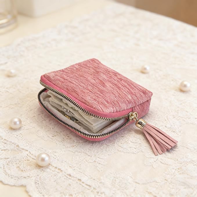 Small Travel Jewelry Case - Jewelry Travel Organizer Bag with Tassel Zipper for Bracelets, Necklaces, Bangles, Jewelry Organizer Storage Bag Gift for Women Girls - LJB001-Pink - Image 3