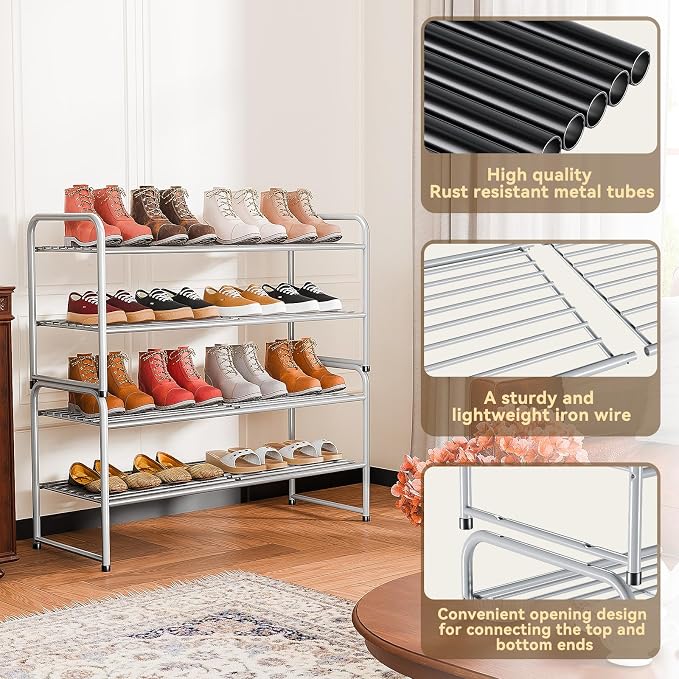 SUFAUY 2-Tier 33" Wide Shoe Rack, Closet Metal Wire, Stackable, Gray - Image 6