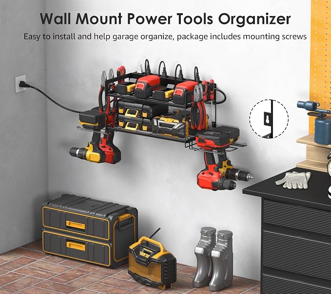 CCCEI Garage Tools Storage with Charging Station. Power Tool Battery Organizer Utility Shelf with Power Strip. 4 Drills Holder Wall Mount Rack, Black. - Image 3