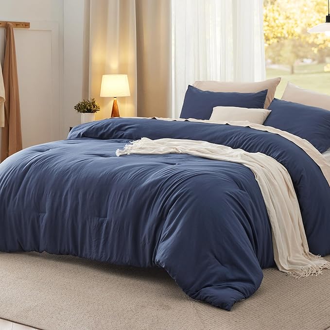 Bedsure California King Comforter Set, Navy Soft Prewashed Bedding for All Seasons, 3 Pieces GentleSoft™ Bed Set, 1 Lightweight Comforter (104"x96") and 2 Pillowcases (20"x36")