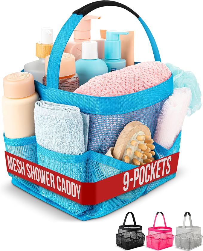 Masirs Mesh Shower Caddy – 9 Pocket Portable Shower Tote Bag for College Dorm Room Essentials, Quick-Dry Bathroom Organizer for Travel, Gym, Camping, Beach – Lightweight Collapsible Blue by Masirs