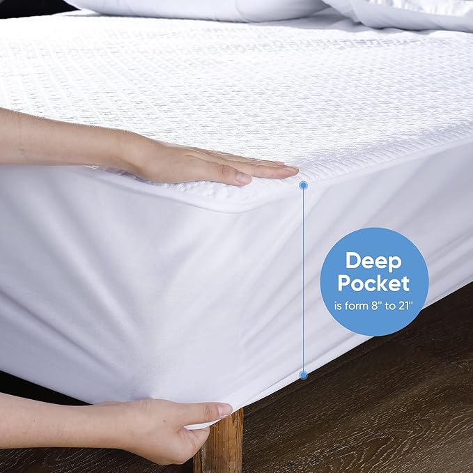 Hanherry 100% Waterproof Mattress Protector California King Size, Mattress Cover 3D Air Fabric Cooling Mattress Pad Cover Smooth Soft Breathable Noiseless, 8''-21'' Deep Pocket