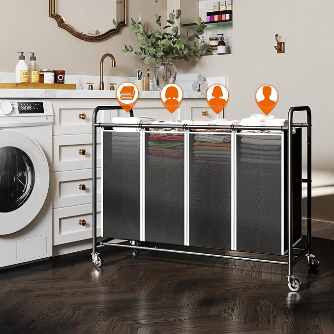 ROMOON Laundry Hamper Sorter Cart: 4-Section Organizer with Heavy-Duty Lockable Wheels and Removable Bags | 180L Rolling Laundry Basket for Dirty Clothes in Laundry Room or Small Spaces (Black) - Image 3