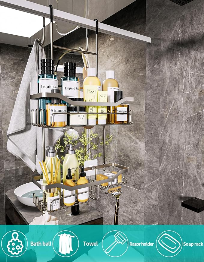 HapiRm Hanging Shower Caddy Over the Door with Soap Holder, No Drilling Adhesive Shower Organizer with 11 Hooks, Rustproof & Waterproof 304 Stainless Steel Bathroom Shelves - Brushed Nickel - Image 2