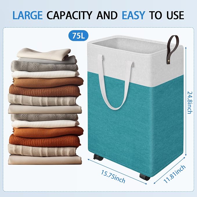 HomeHacks 75L Rolling Laundry Basket with Wheels, Collapsible & Waterproof Laundry Hamper, Mobile Clothes Hamper, Storage Laundry Bins with Handles for Laundry Room, Bedroom, Bathroom & Dorm, Green - Image 2