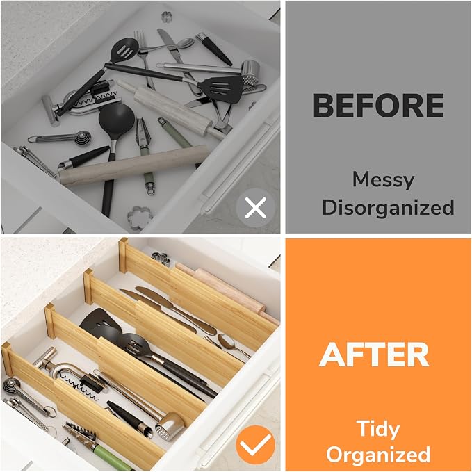 BAMEOS 4 PCS Bamboo Drawer Divider Adjustable Drawer Dividers Kitchen Drawer Organization Utensil Organizers for Kitchen Dresser Bathroom Bedroom and Office - Image 5