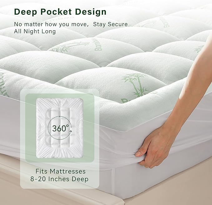 Anluoer Memory Foam Mattress Topper Queen, Rayon Derived from Bamboo Pillow Top Mattress Topper for Back Pain Relief, Cooling Soft Mattress Pad with 8-21" Deep Pocket, 60x80 Inches, White
