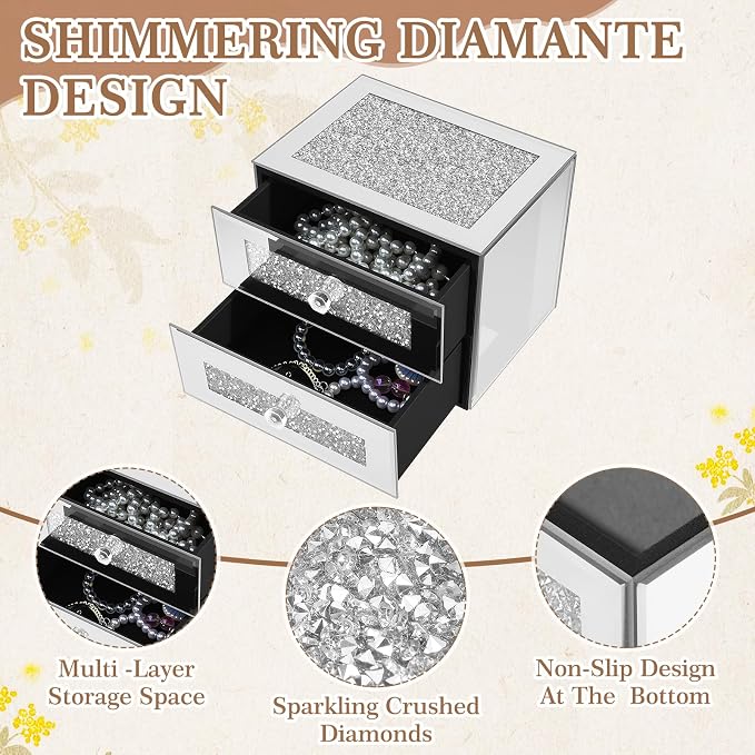 Kenning Silver Jewelry Box 2 Layer Glass Box for Women Mother's Day Crystal Jewelry Organizer Storage Luxury Necklaces Earrings Rings Bracelets Organizer for Mom Gift Decoration - Image 3