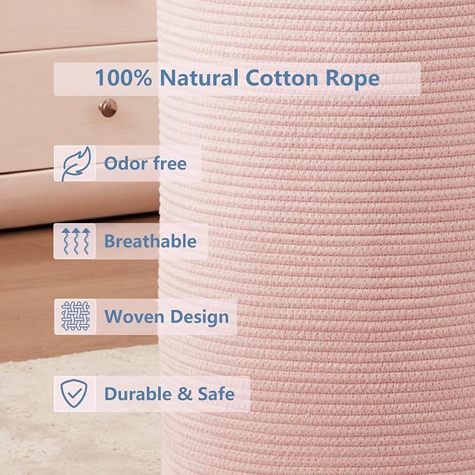 Large Pink Laundry Basket 15x20 Inches, 60L Woven Rope Hamper for Baby Girls and Kids, Tall Nursery Storage Bin, Kawaii Bedroom Laundry Hamper - Image 8