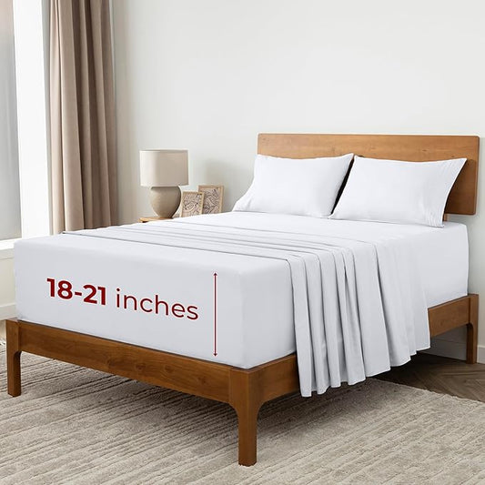 Mellanni Extra Deep California King Sheets - 4 PC Iconic Collection Bedding - Hotel Luxury, Ultra Soft, Cooling Bed Sheets - Wrinkle, Fade, Stain Resistant (Cal King, White)