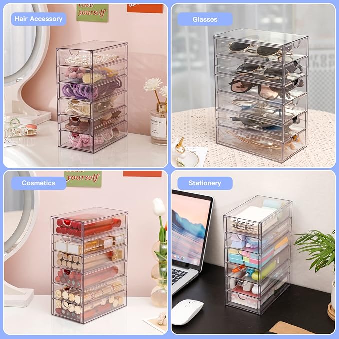 FABROK Clear Hair Accessory Organizer Box with 6 Drawers, Compact Storage Organization Drawers Set for Cosmetics, Glasses, Stationery, Stackable Storage Containers Box for Bathroom, Closet, Office - Image 5
