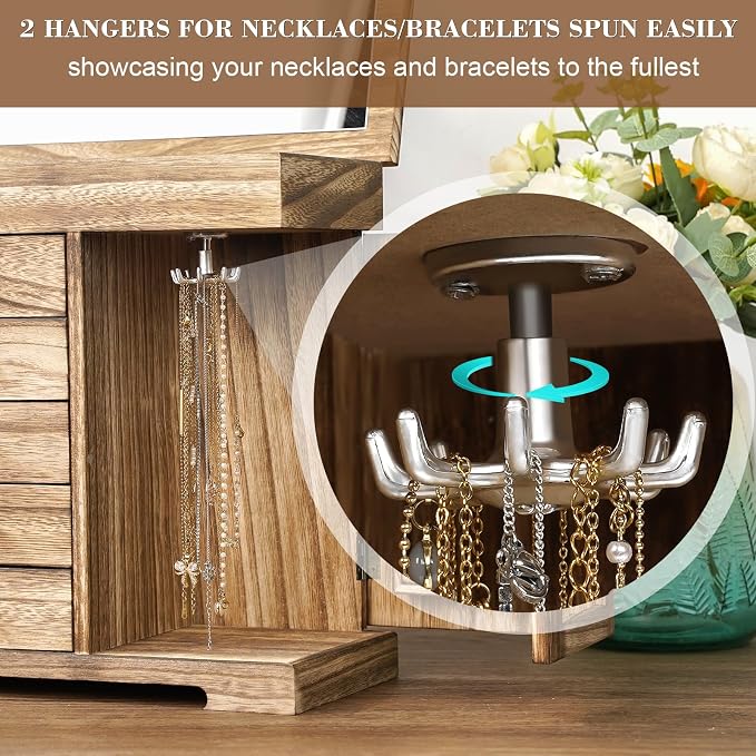 Miratino Jewelry Box for Women Girls, Rustic Wooden Jewelry Organizer Box with Mirror, 5 Layer Jewelry Storage Case Display for Necklaces Earrings Rings Bracelets Valentine's Day Gifts - Image 5