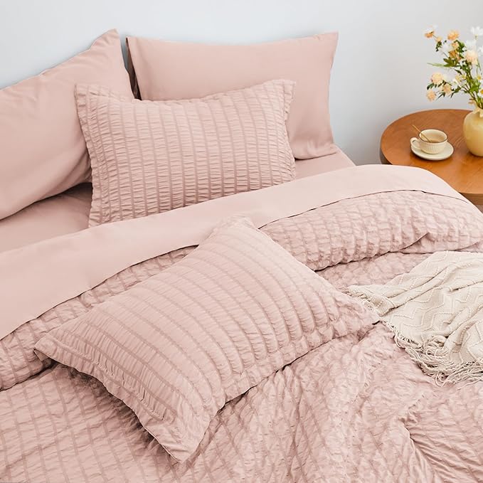 Love's cabin Seersucker Pink Twin XL Comforter Set, 5-Piece All Season Lightweight Bed in a Bag Bedding Set with Comforter, Flat Sheet, Fitted Sheet, Pillowcase and Sham | Soft, Breathable, Lightweight