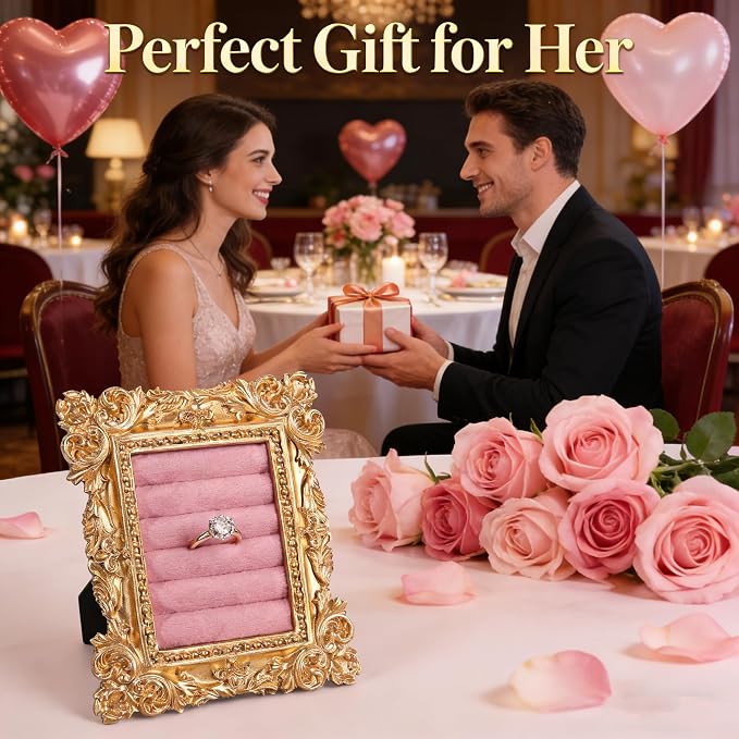 Vintage Ring Holder Rectangle Gold Velvet Display Stand - Baroque Jewelry Organizer Box Tray for Wedding Engagement Anniversary Women Birthday Christmas Gift Photograph Prop (MPF05-Gold Pink) - Image 2
