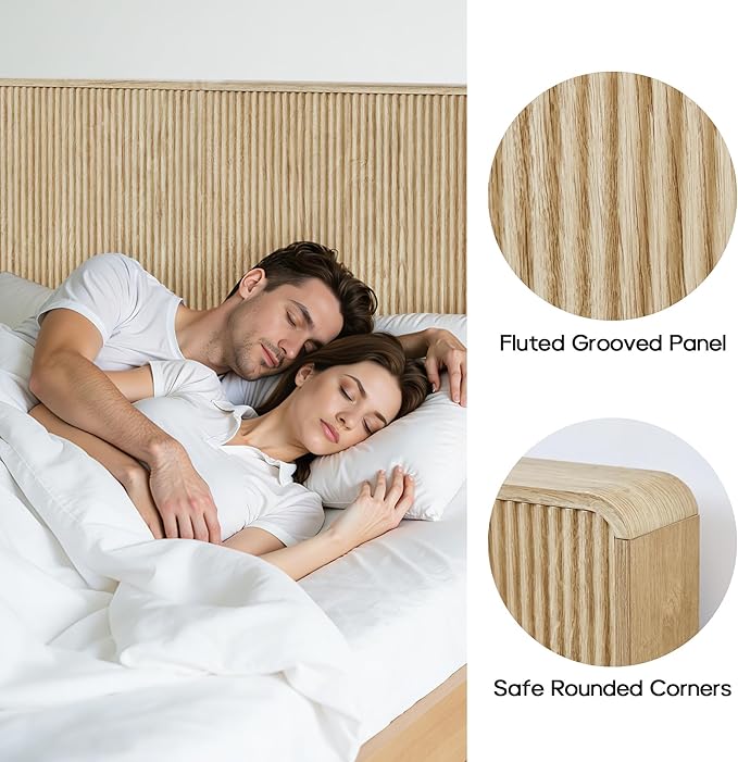 AVZEAR Fluted Headboard King Size, Wood Wall Mounted Headboard Modern Boho King Headboard Only with 2 Outlets and USB & Type C Port, Curved Wooden Bed Headboards, Stylish Bedroom Decor, Natural