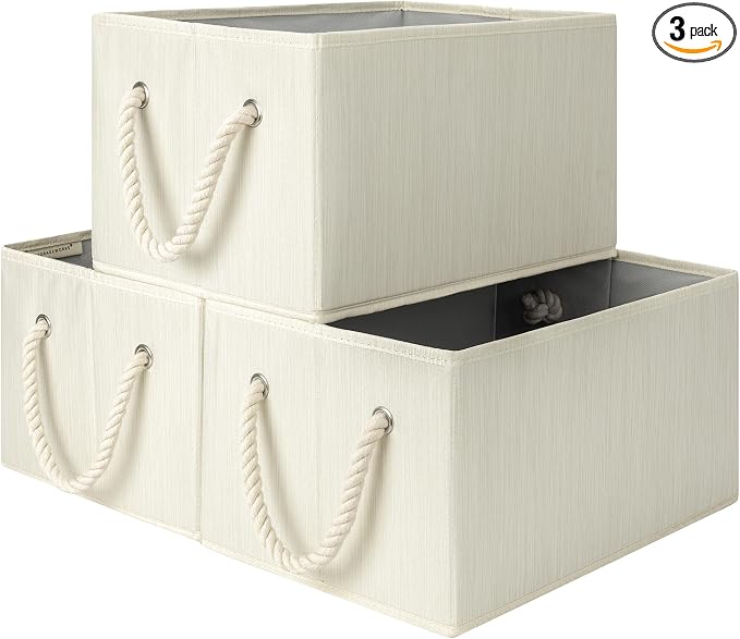 StorageWorks Storage Baskets for Shelves, Fabric Storage Bins, Closet Organization and Storage Basket, Foldable Organizer Bins for Clothes, Beige, White & Ivory, Large, 3-Pack by StorageWorks