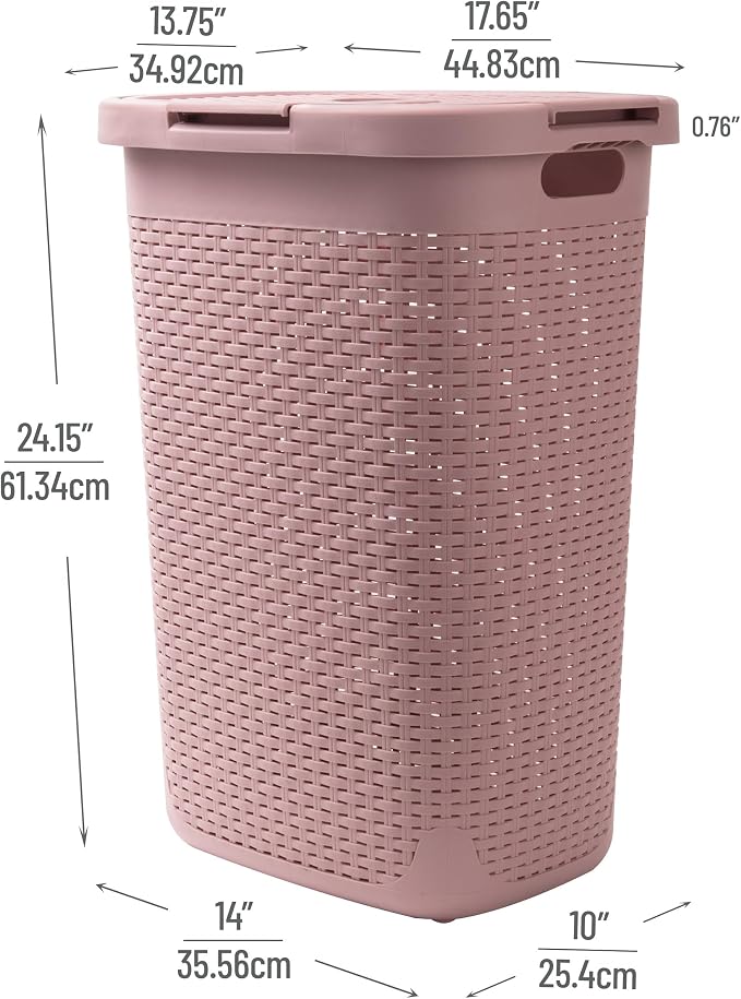 Mind Reader Slim Laundry Hamper with Lid, 60L Tall Clothes Basket, Narrow Tapered Design for Bathrooms, Closets and Laundry Rooms, Plastic, Pink - Image 3