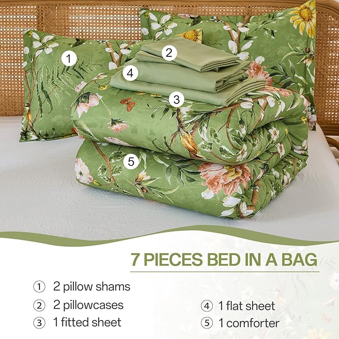 Yiran Sage Green Hibiscus Floral Comforter Set King Size, 7 Piece Bird Flowers Botanical Comforter Bedding Set, Vintage Bed in a Bag, Soft Microfiber Complete Bedding Set with Sheets for All Season
