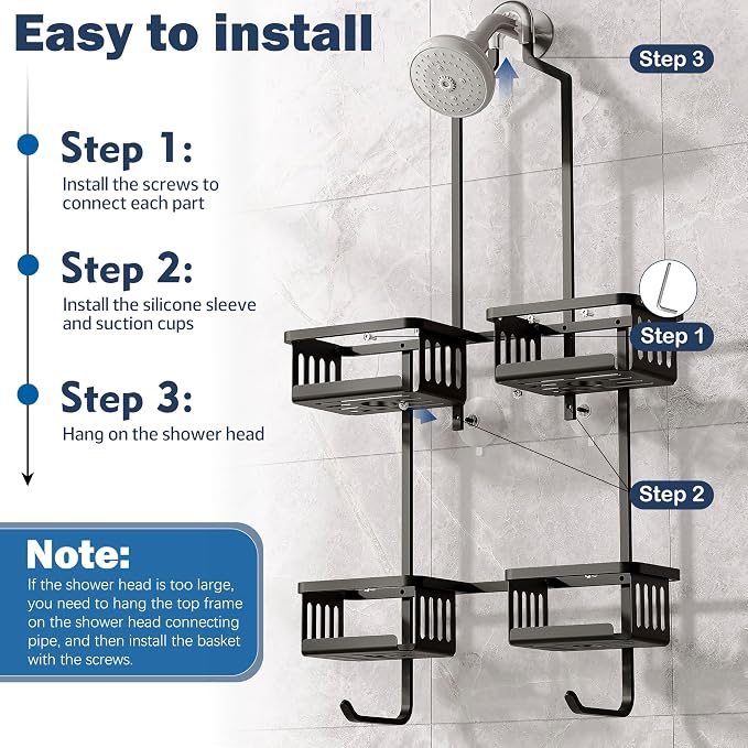Aluminum Shower Caddy Hanging for Handheld Showerheads, Never Rust Shower Organizer with Hooks Holder Toothbrush Holder，Over Showerhead Caddy for Bathroom, Black - Image 5