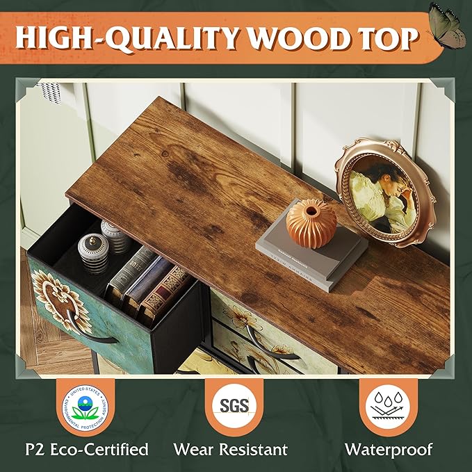 WLIVE Fabric Dresser for Bedroom with 10 Drawers, Chest of Drawers with Side Pockets and Hooks, Sturdy Metal Frame, Drawers Organizer Unit for Living Room, Hallway, Floral Painted