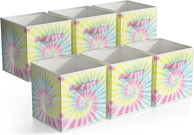 Sorbus 11 Inch Fabric Storage Cubes - Sturdy Collapsible Storage Bins & Handle - 6 Foldable Baskets for Organizing Clothes - Multi Colored Storage Baskets for Shelves (Light Tie-dye, 11 Inch) by Sorbus