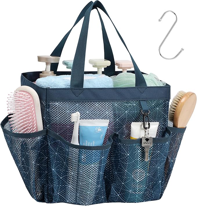 F-color Mesh Shower Caddy Portable, Upgrade Deeper 7 Pockets Shower Bag Basket Tote for College Dorm Room Toiletry Bathroom Essentials Gym Camp Quick Dry 2 handles with S Hook, Starlight Navy by F-color