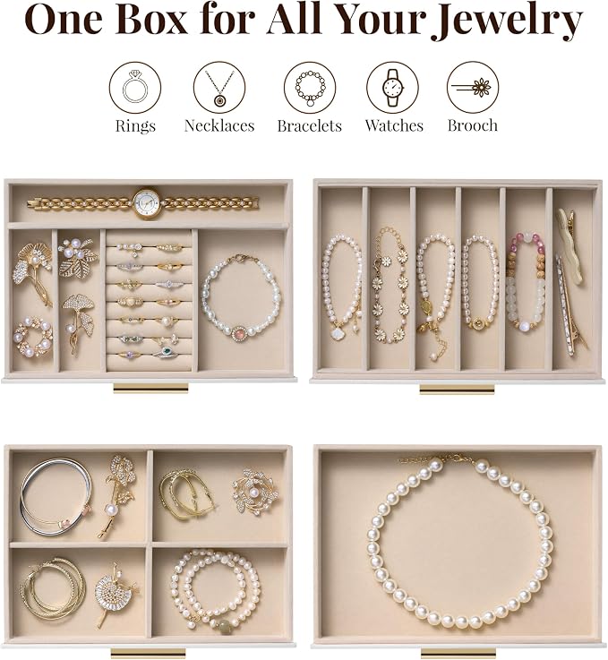 pickpiff Jewelry Box Organizer Case for Women: 4-Layer Jewelry Storage Case with Glass Window, Pure White Leather with Velvet Holder for Ring Necklace Bracelet Brooch Watch, Great Gift for Her - Image 5
