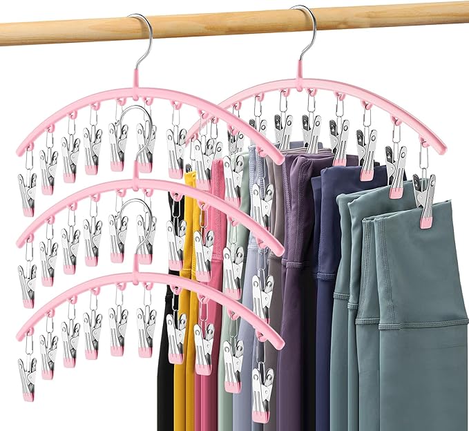 Legging Organizer for Closet, Metal Yoga Pants Hangers 4 Pack w/10 Clips Holds 40 Leggings, Space Saving Hanging Closet Organizer w/Rubber Coated Closet Organizers and Storage, Pink by Volnamal