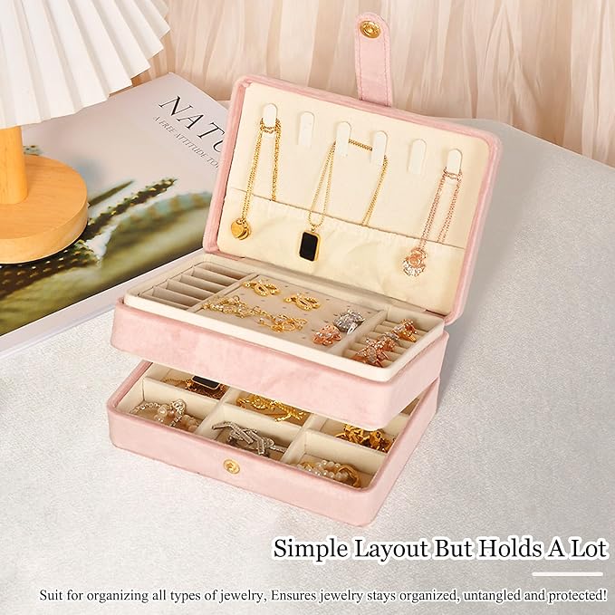 MODENGKONGJIAN Jewelry Organizer Box, 2-Layer Large Jewelry Storage Case, Portable Travel Jewelrys Display Holder for Earrings, Necklaces, Bracelets (Pink,Velvet) - Image 4